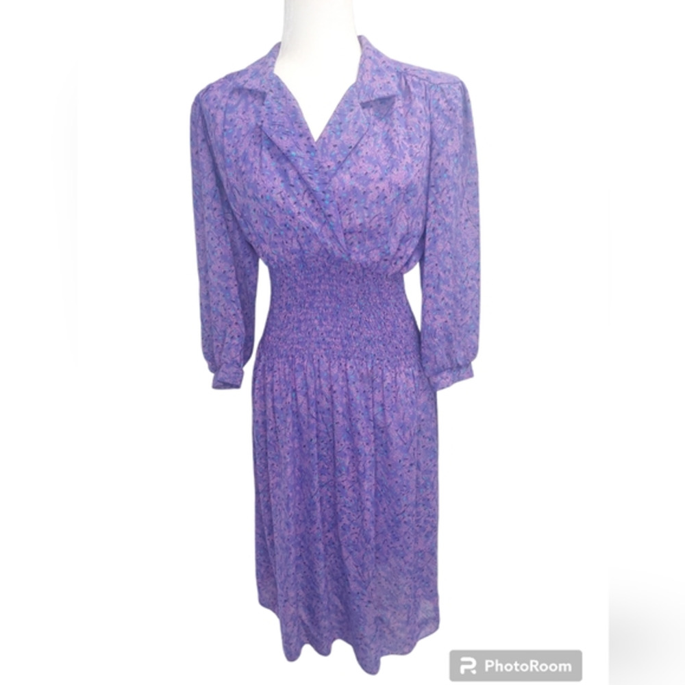 Vintage purple Jody‎ of California Dress smocked V -Neck